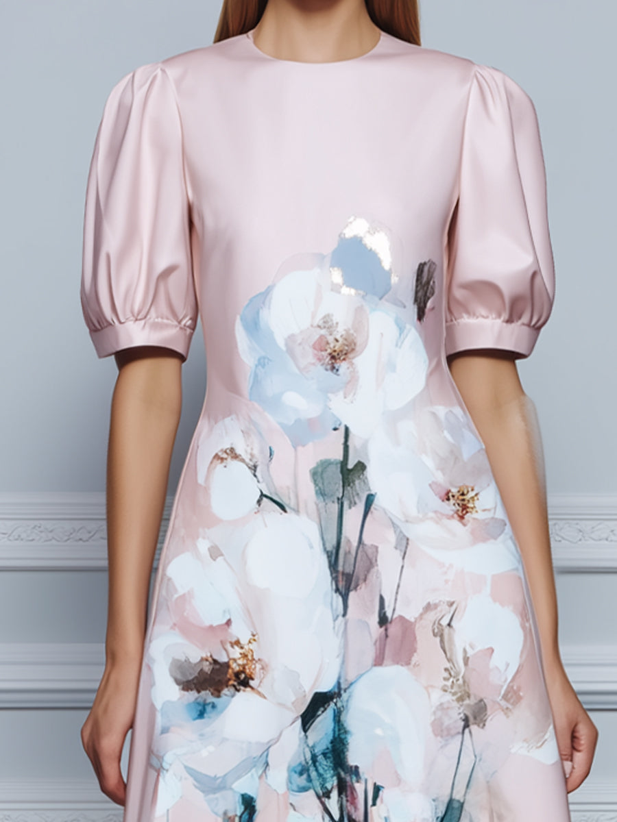 Round Neck Floral Puff Sleeve A-Line Midi Dress