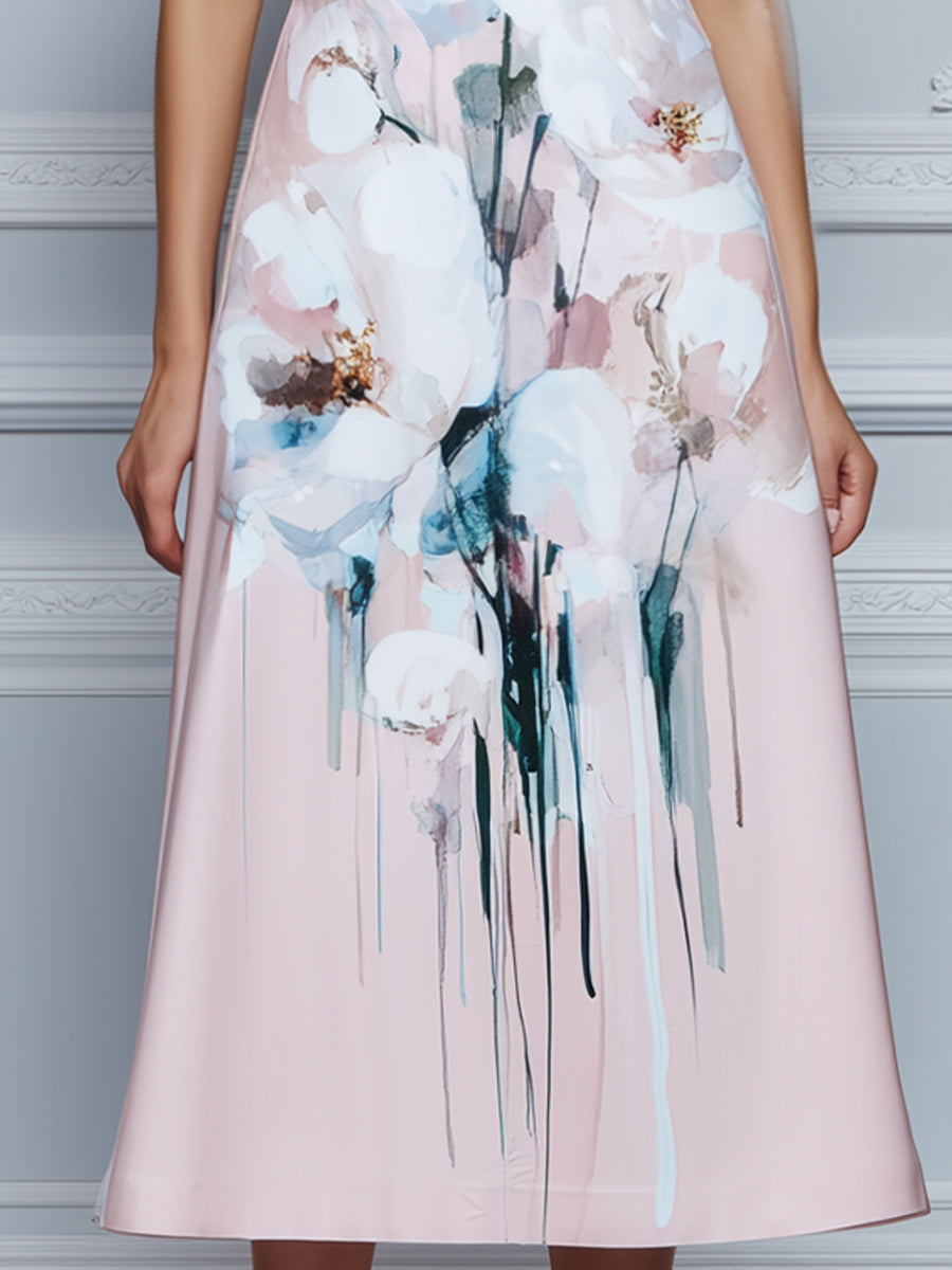 Round Neck Floral Puff Sleeve A-Line Midi Dress