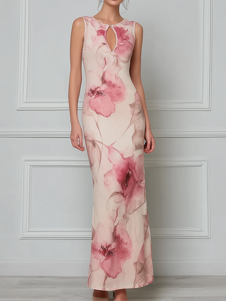 Sleeveless Keyhole Floral Bodycon Maxi Dress