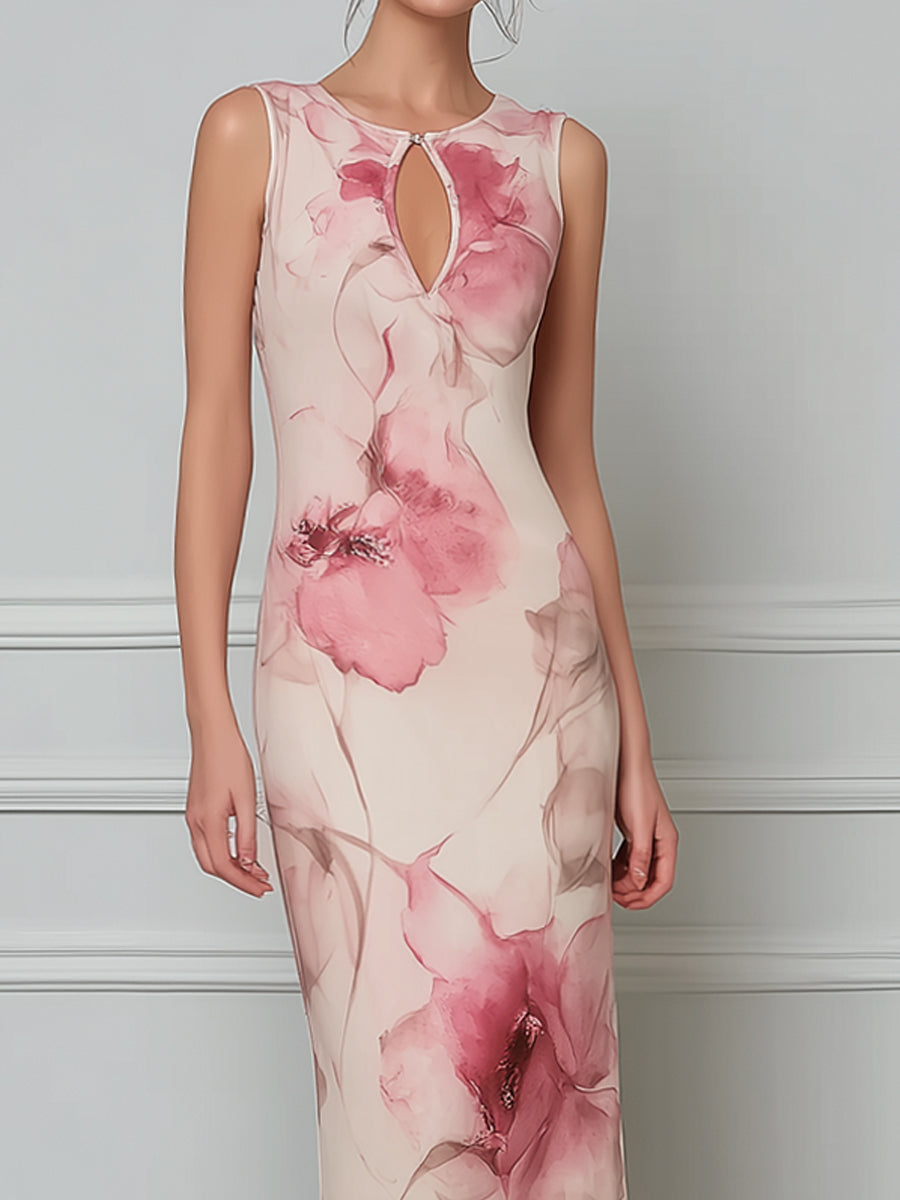 Sleeveless Keyhole Floral Bodycon Maxi Dress