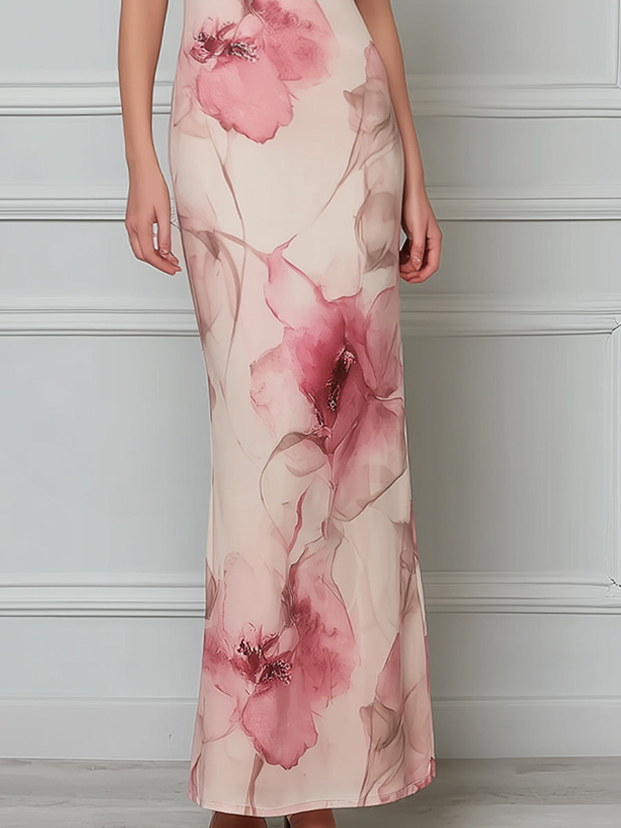Sleeveless Keyhole Floral Bodycon Maxi Dress