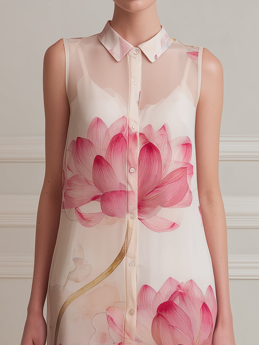 Sleeveless Sheer Floral Button-Front Mini Dress