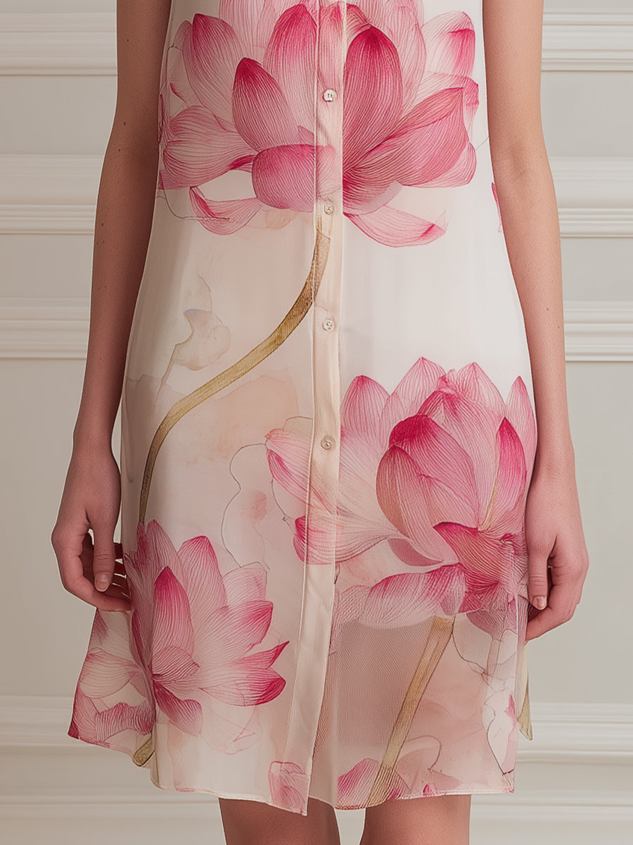 Sleeveless Sheer Floral Button-Front Mini Dress