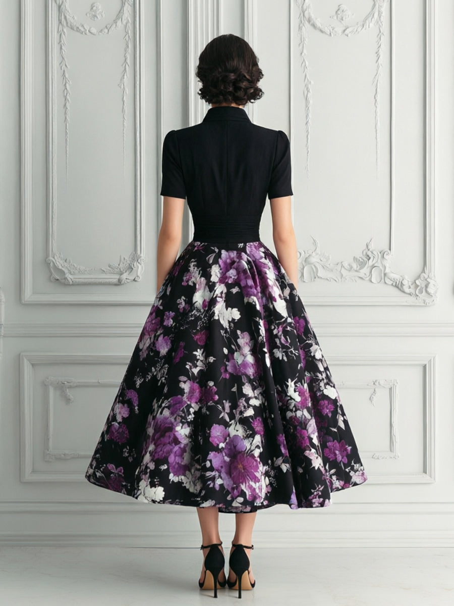 Stand Collar Purple Floral Print Midi Dress