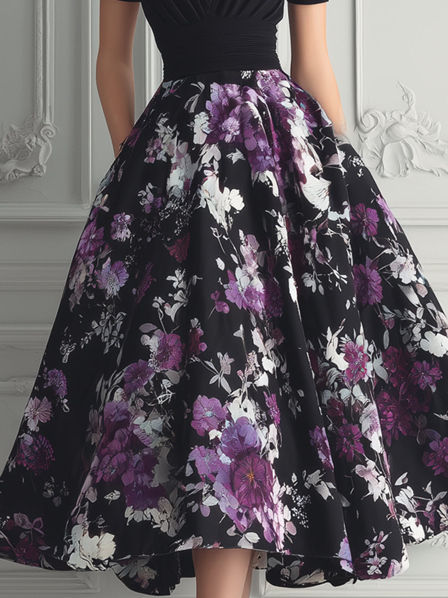 Stand Collar Purple Floral Print Midi Dress