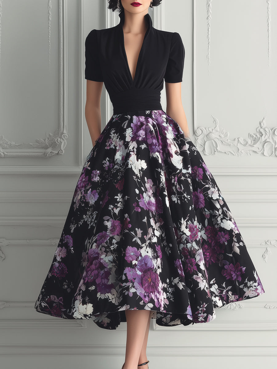 Stand Collar Purple Floral Print Midi Dress