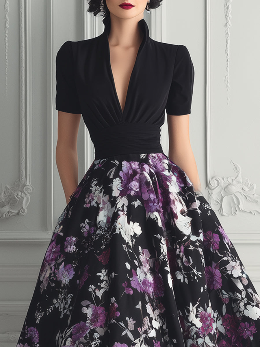 Stand Collar Purple Floral Print Midi Dress