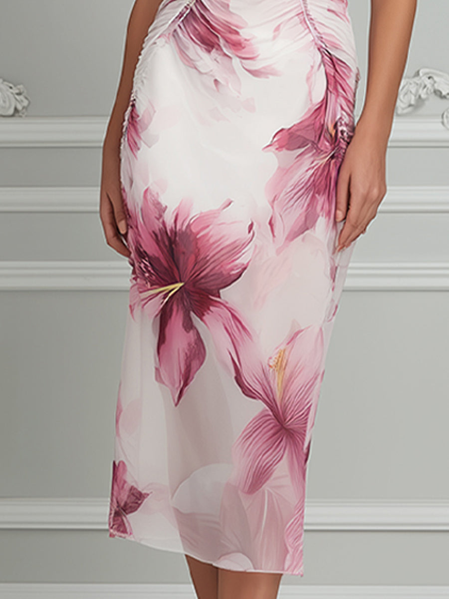 Sophisticated Floral Ruched Midi Dress