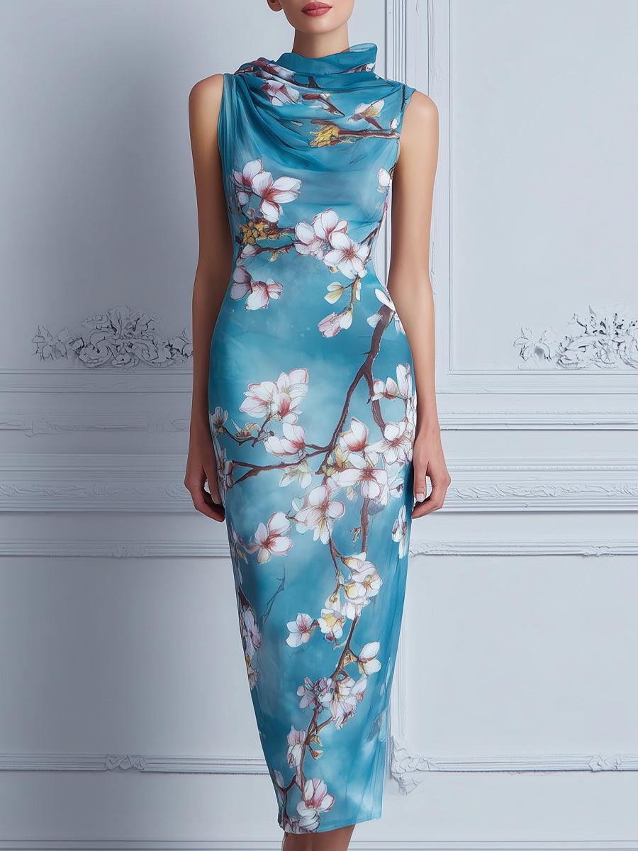Sleeveless Draped High Neck Floral Midi Dress