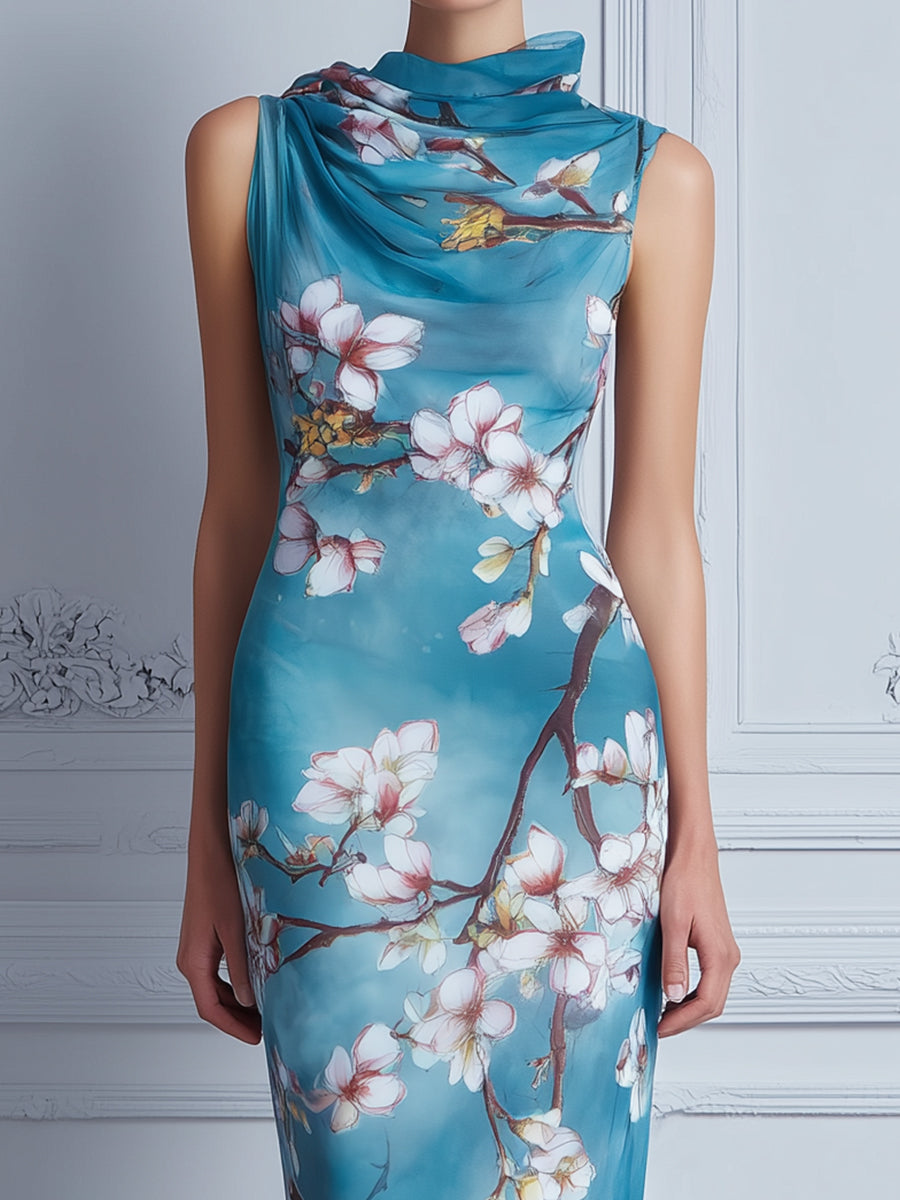 Sleeveless Draped High Neck Floral Midi Dress