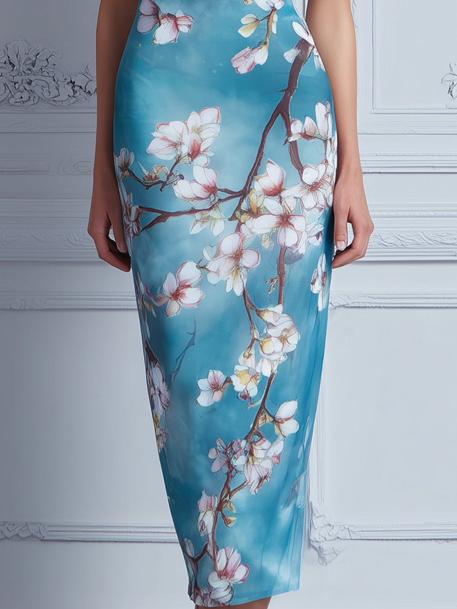 Sleeveless Draped High Neck Floral Midi Dress