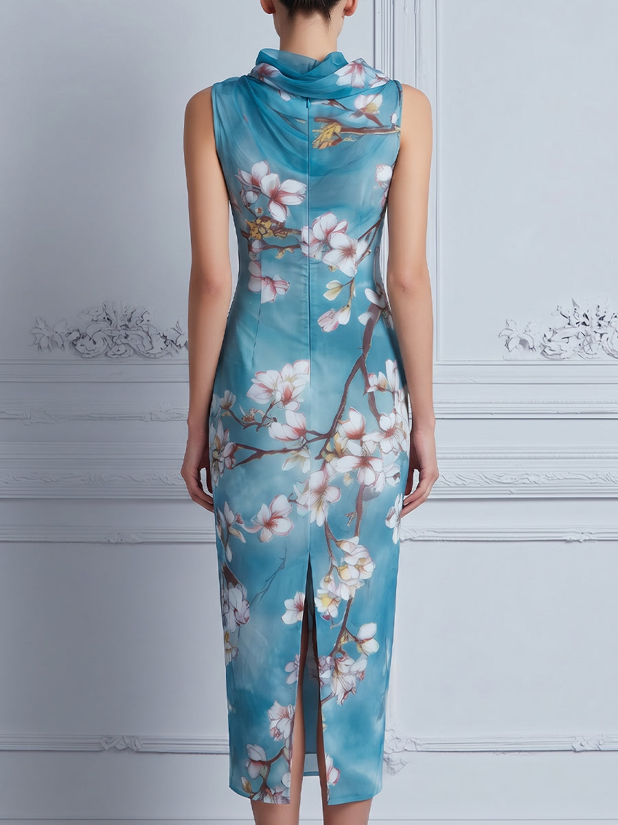 Sleeveless Draped High Neck Floral Midi Dress