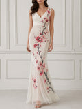 V-Neck Floral Branch Fitted Mermaid Maxi Dress