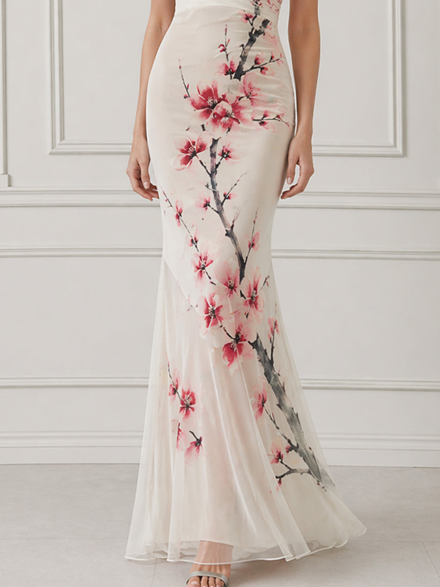 V-Neck Floral Branch Fitted Mermaid Maxi Dress