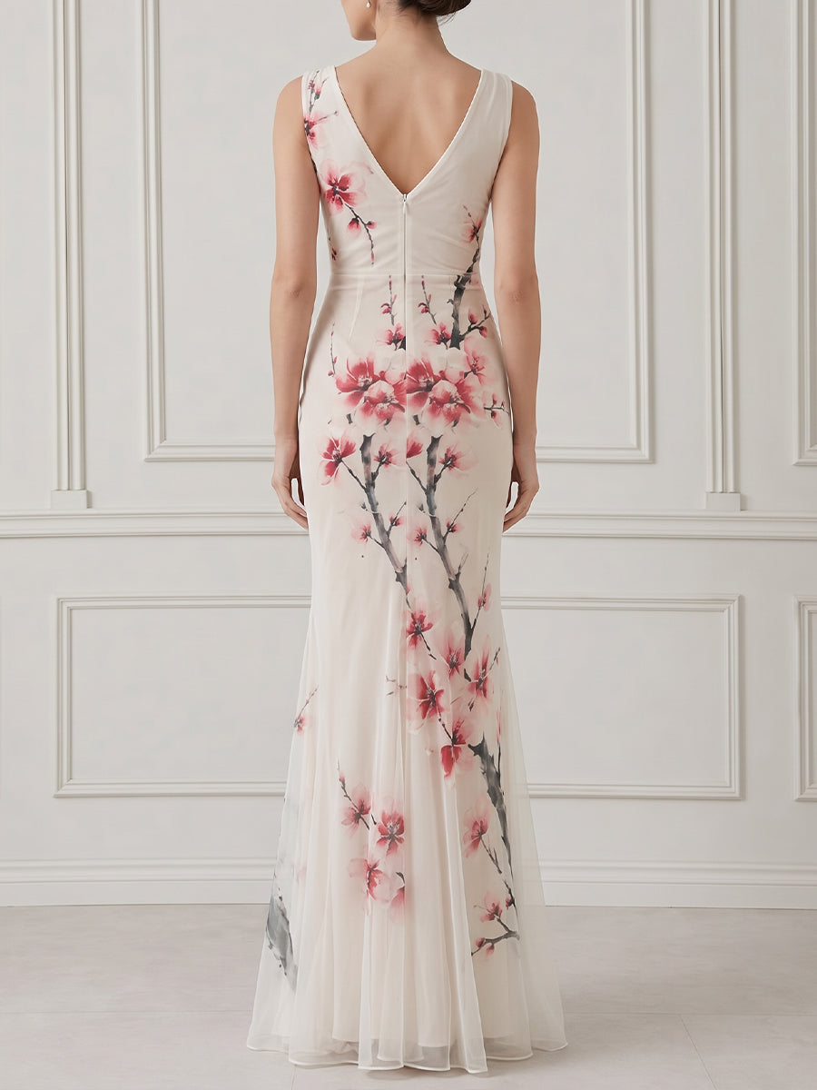V-Neck Floral Branch Fitted Mermaid Maxi Dress