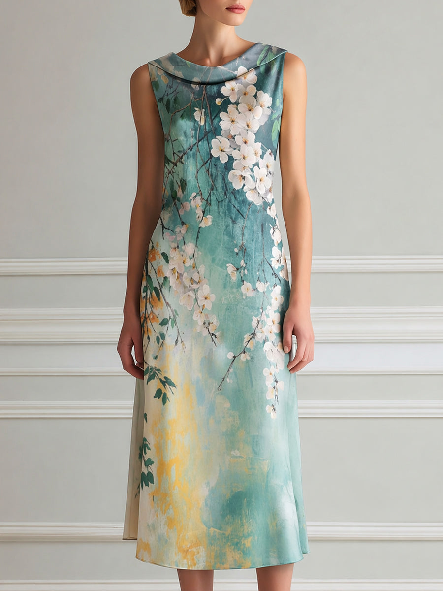 Sleeveless Draped Neck Floral Print Midi Dress