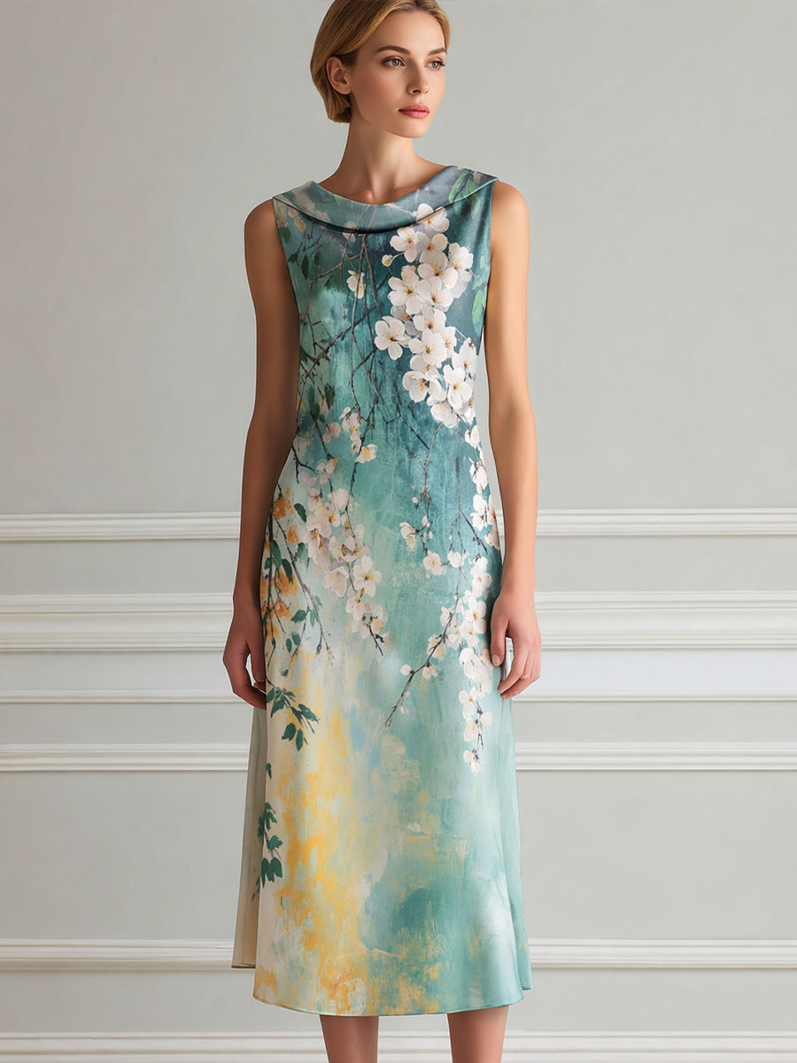 Sleeveless Draped Neck Floral Print Midi Dress