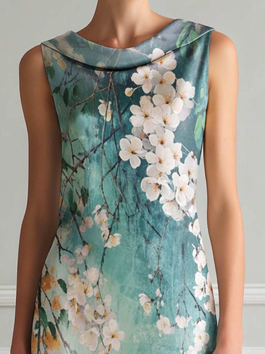 Sleeveless Draped Neck Floral Print Midi Dress