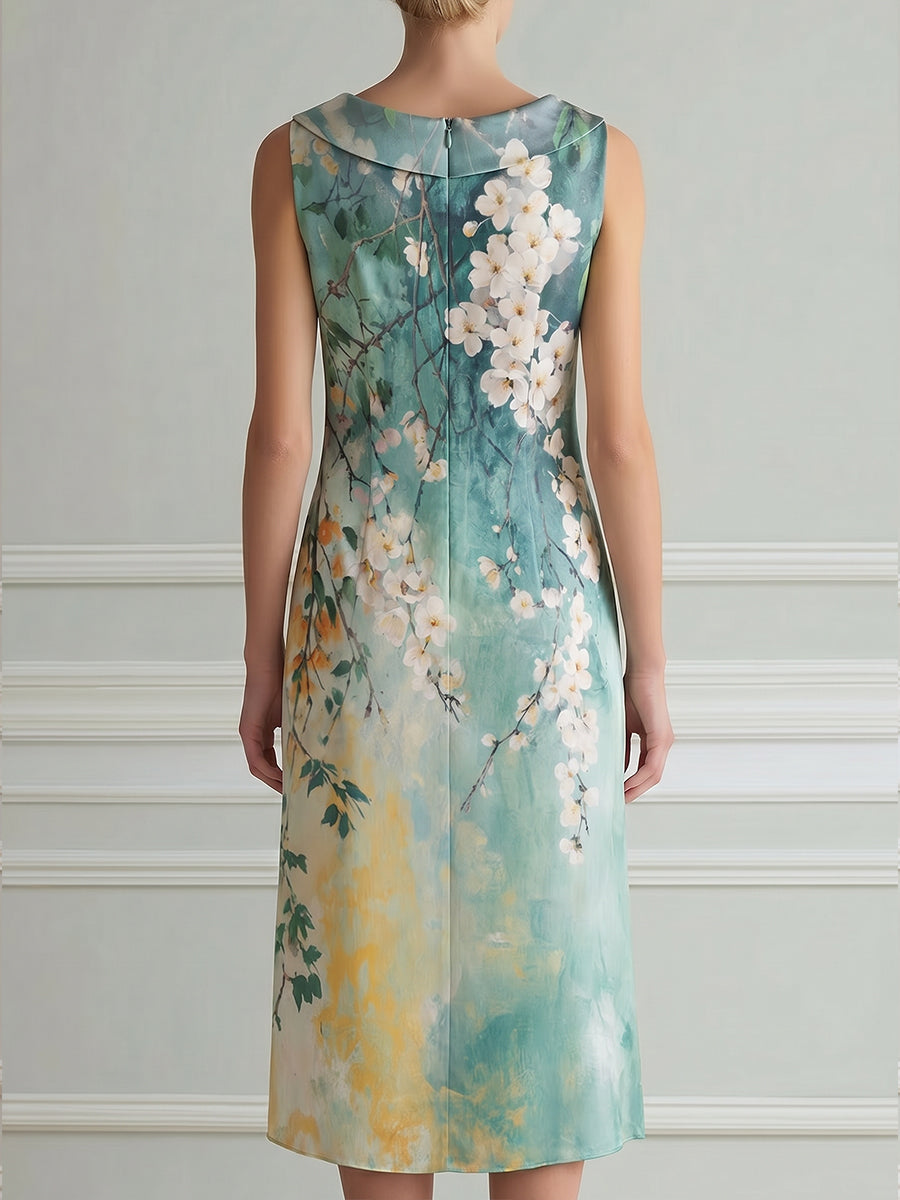 Sleeveless Draped Neck Floral Print Midi Dress