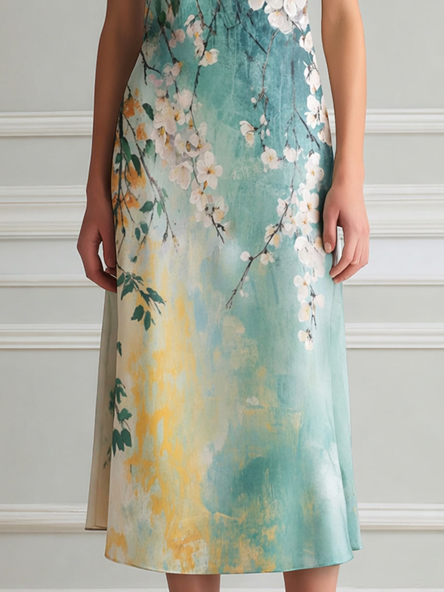 Sleeveless Draped Neck Floral Print Midi Dress