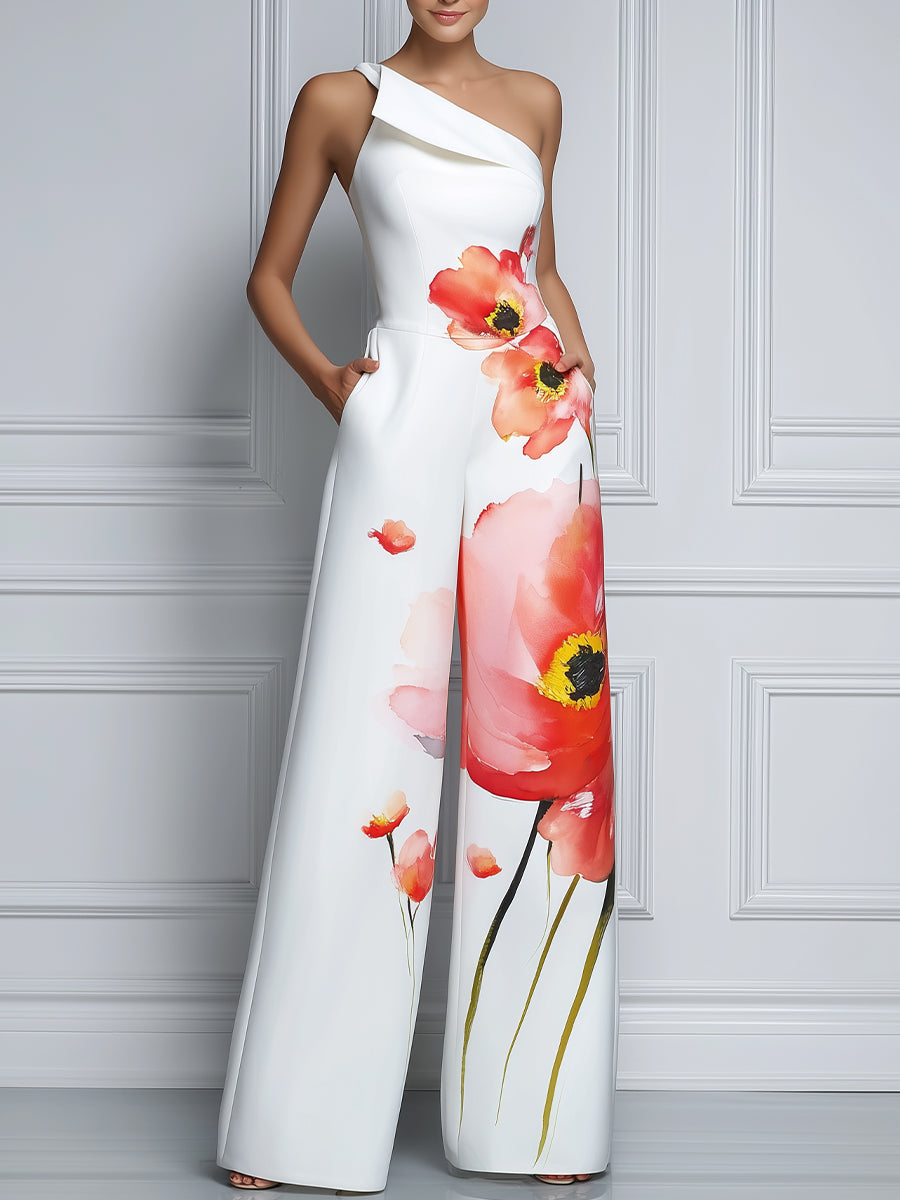 One-Shoulder Floral Print Wide-Leg Jumpsuit