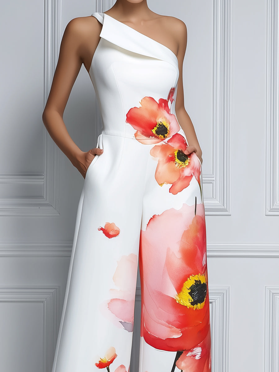 One-Shoulder Floral Print Wide-Leg Jumpsuit