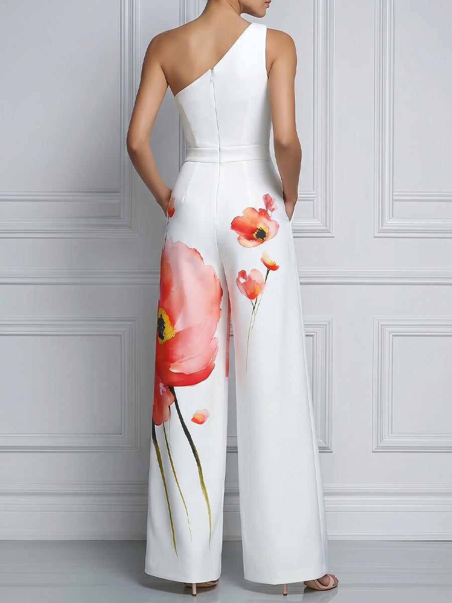 One-Shoulder Floral Print Wide-Leg Jumpsuit