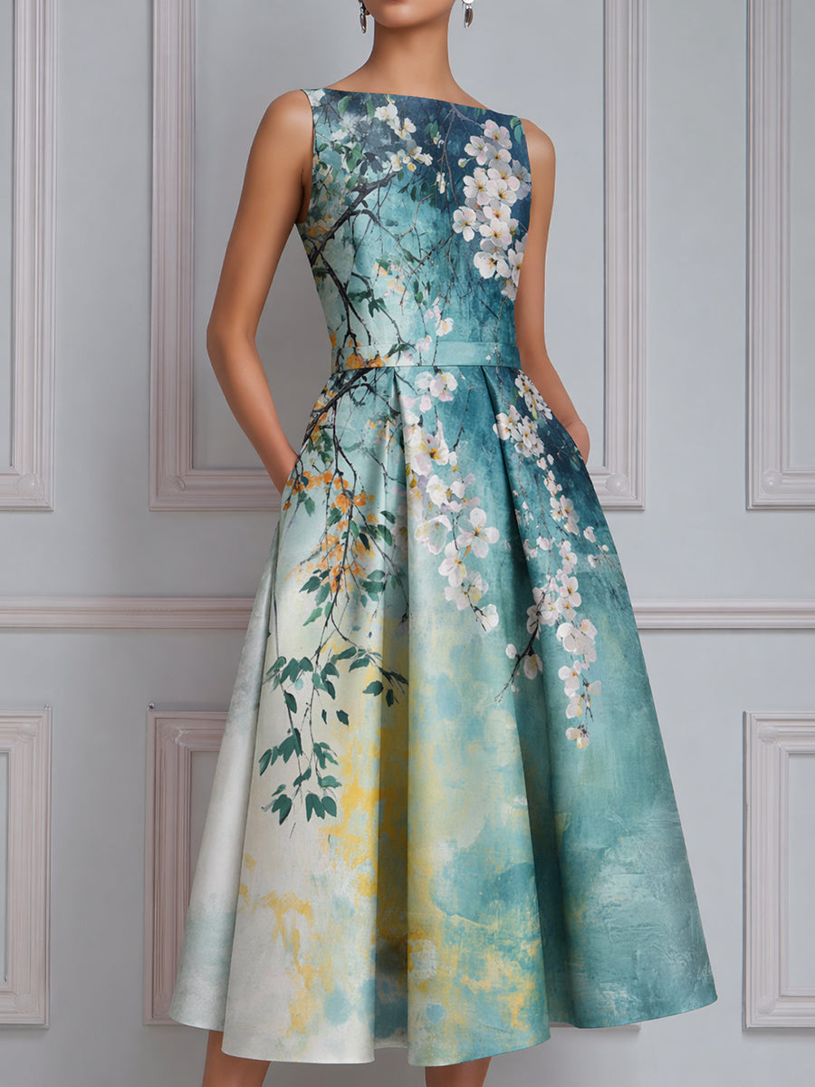 Sleeveless Floral Print Structured A-Line Midi Dress
