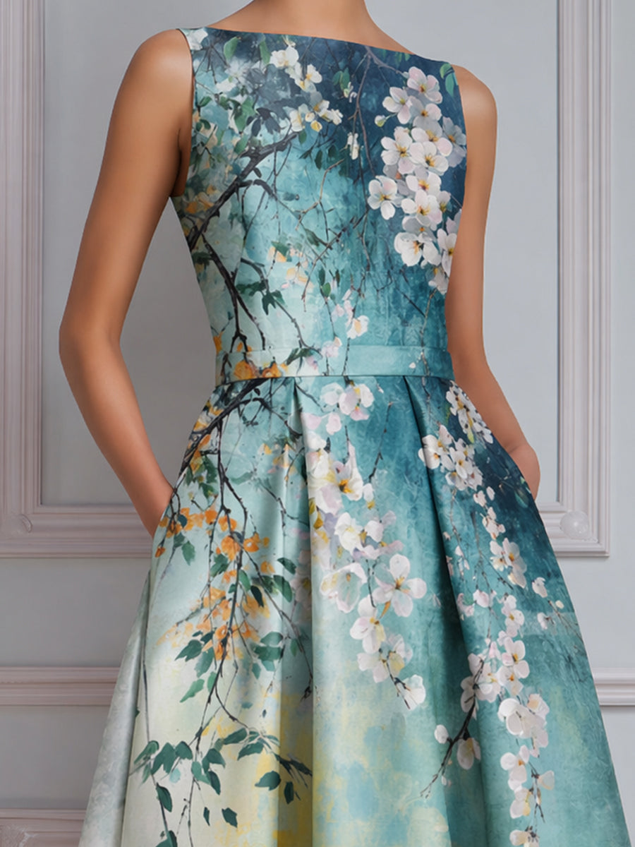 Sleeveless Floral Print Structured A-Line Midi Dress
