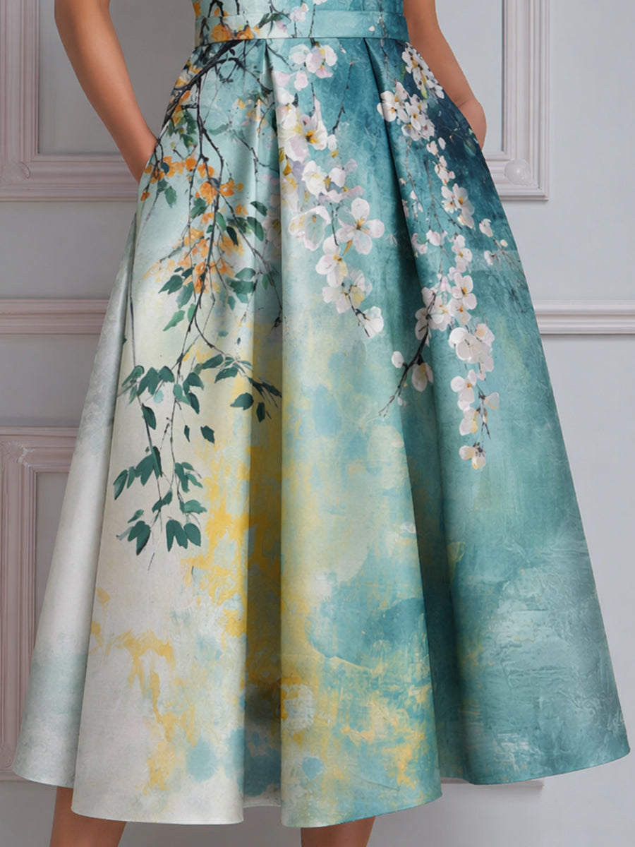 Sleeveless Floral Print Structured A-Line Midi Dress
