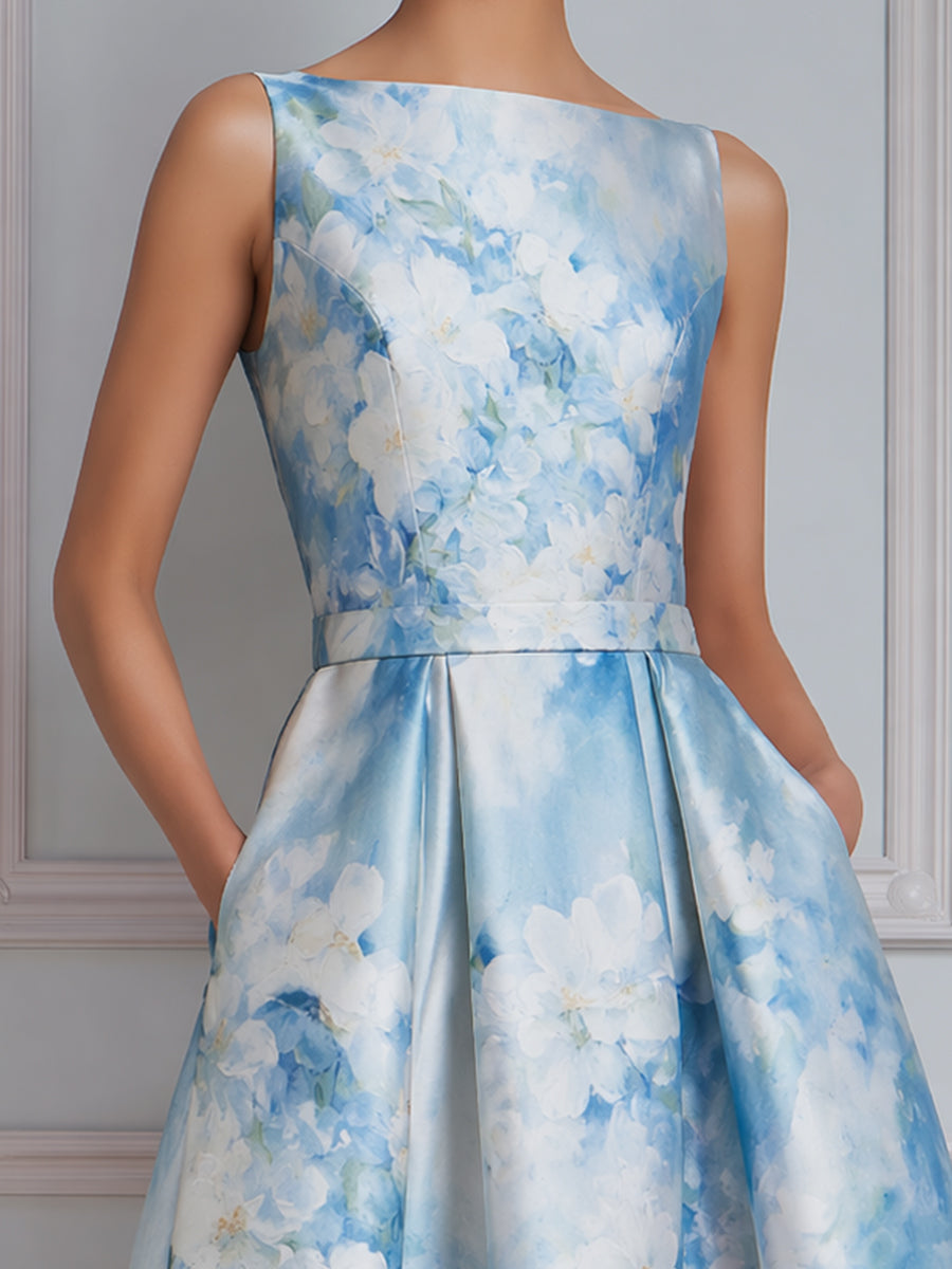 Sleeveless Floral Print Structured A-Line Midi Dress
