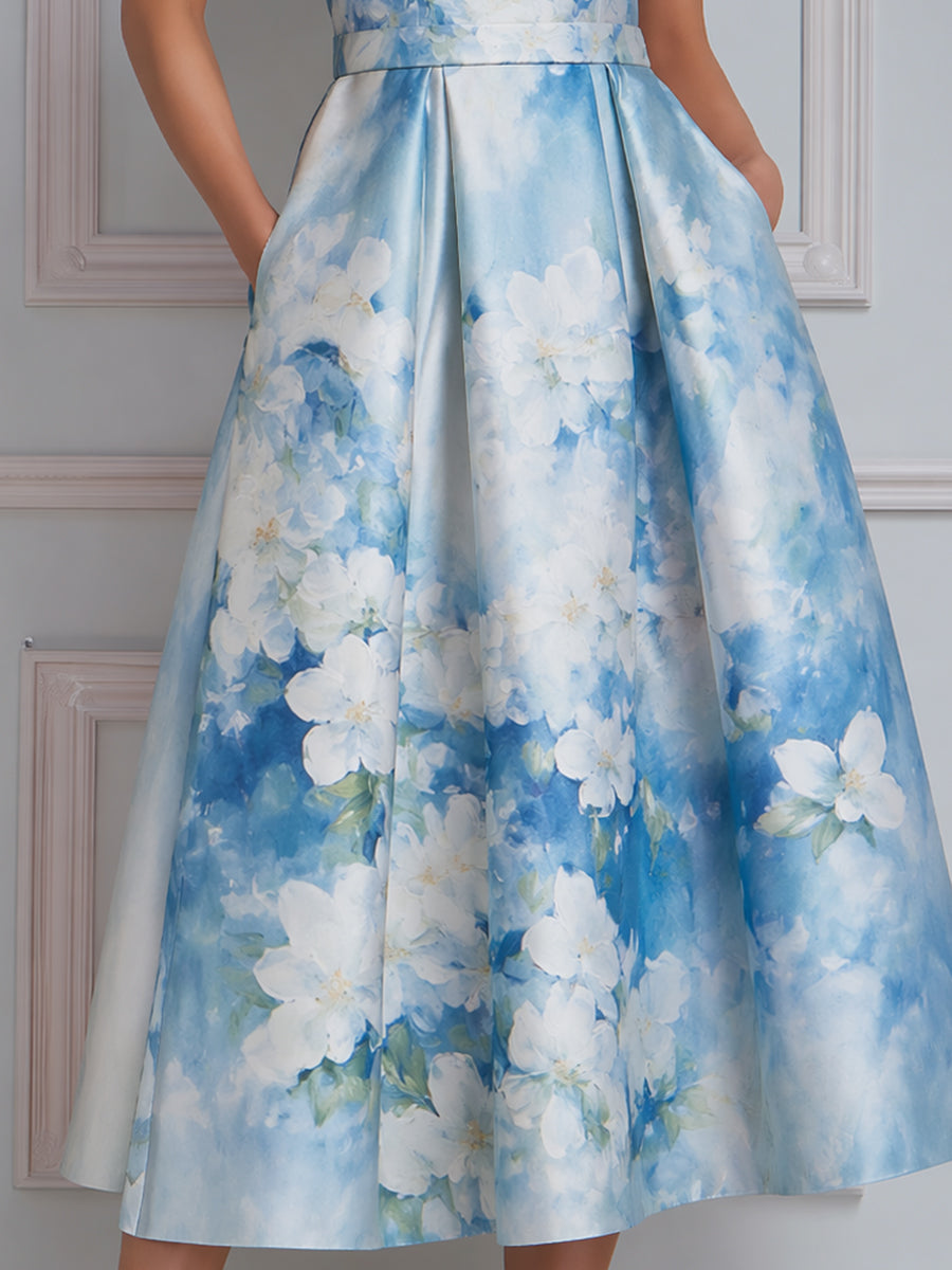 Sleeveless Floral Print Structured A-Line Midi Dress