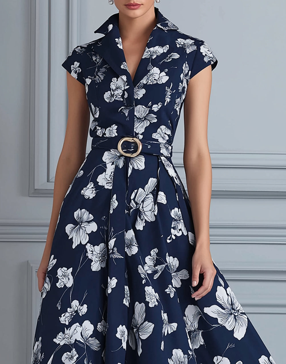 Navy White Floral Printed Collared A-Line Midi Dress