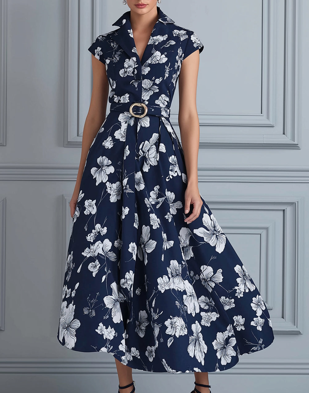 Navy White Floral Printed Collared A-Line Midi Dress