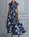 Navy White Floral Printed Collared A-Line Midi Dress
