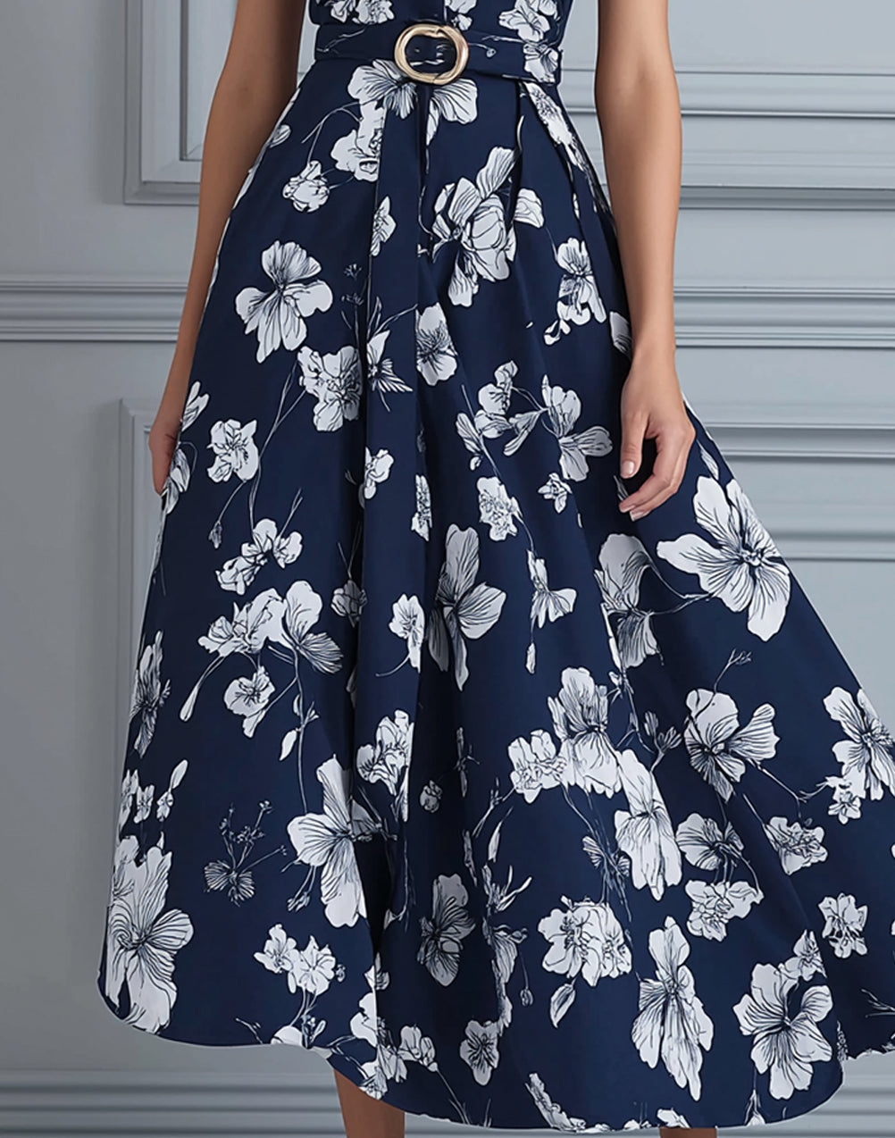 Navy White Floral Printed Collared A-Line Midi Dress