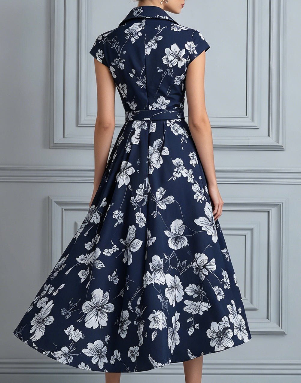 Navy White Floral Printed Collared A-Line Midi Dress