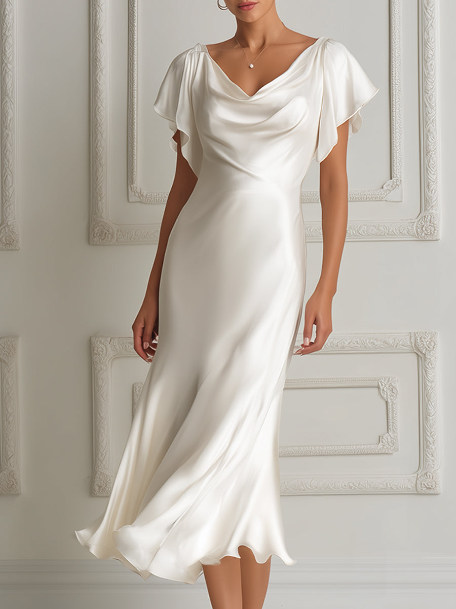 Elegant Cowl-Neck Acetate Satin Midi Dress