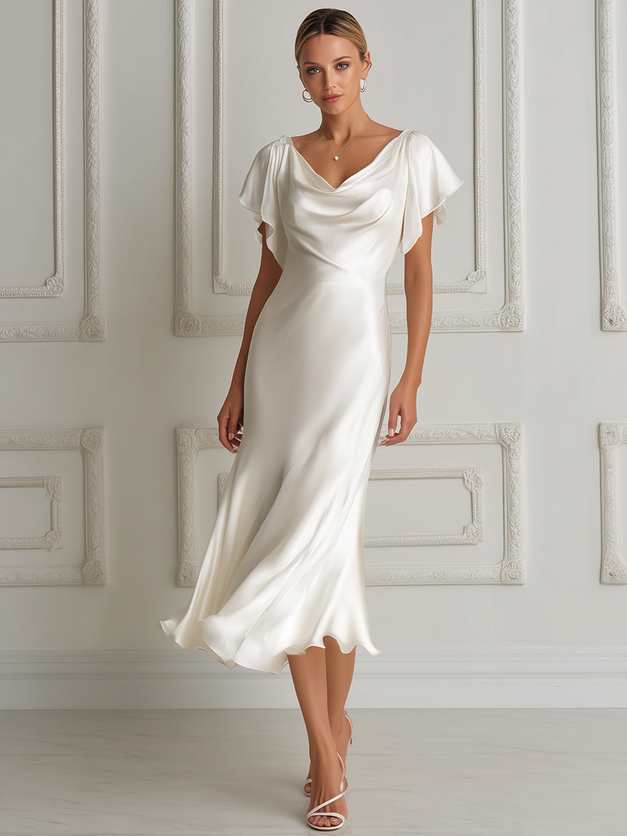 Elegant Cowl-Neck Acetate Satin Midi Dress