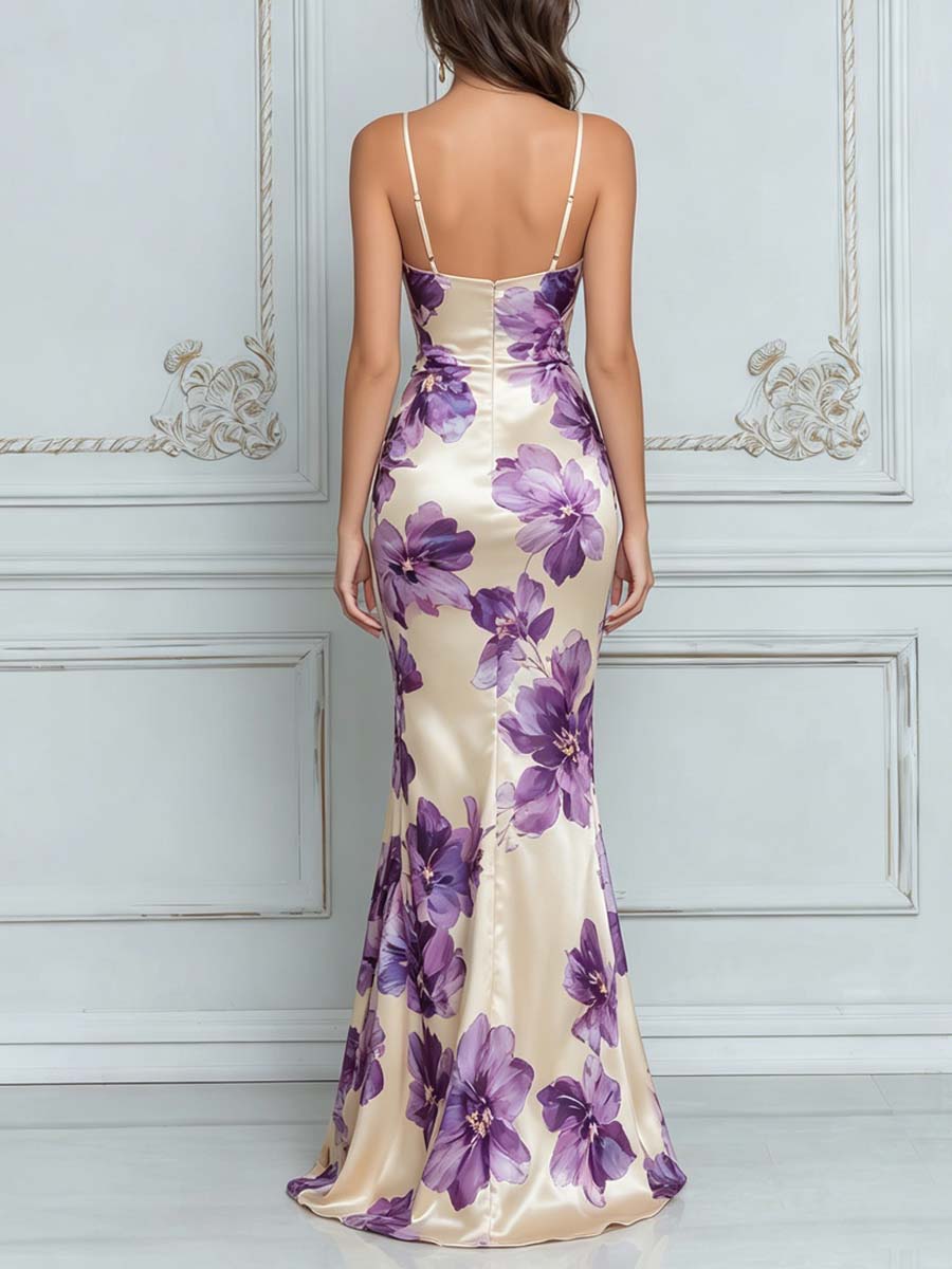 Champagne Purple Floral Watercolor Print Maxi Dress