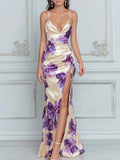 Champagne Purple Floral Watercolor Print Maxi Dress