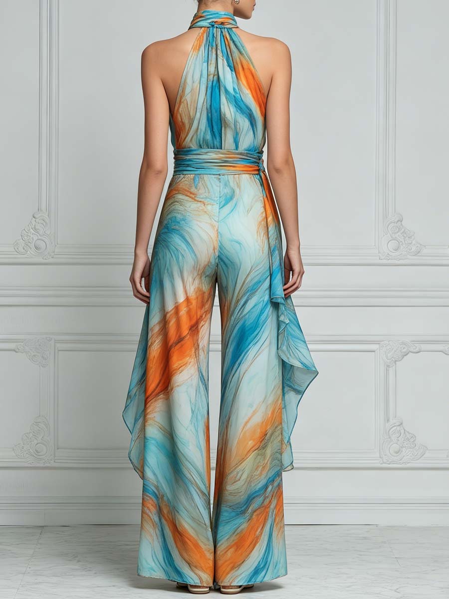 Teal Blue Abstract Print High Neck Two-piece Set