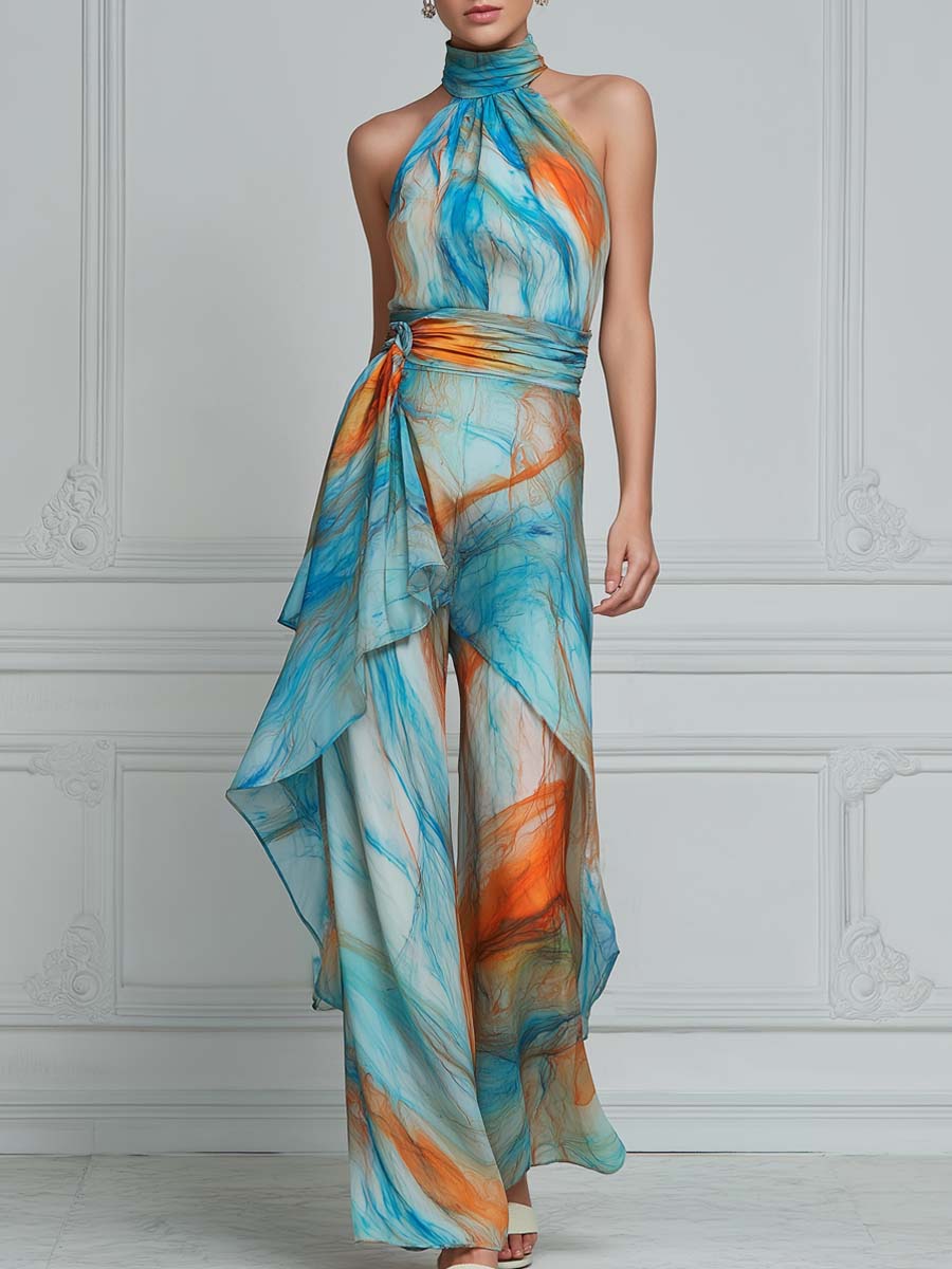 Teal Blue Abstract Print High Neck Two-piece Set