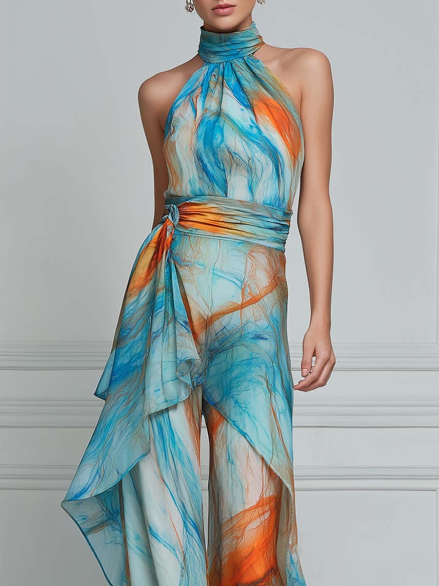 Teal Blue Abstract Print High Neck Two-piece Set