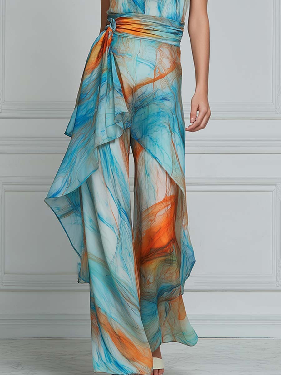 Teal Blue Abstract Print High Neck Two-piece Set