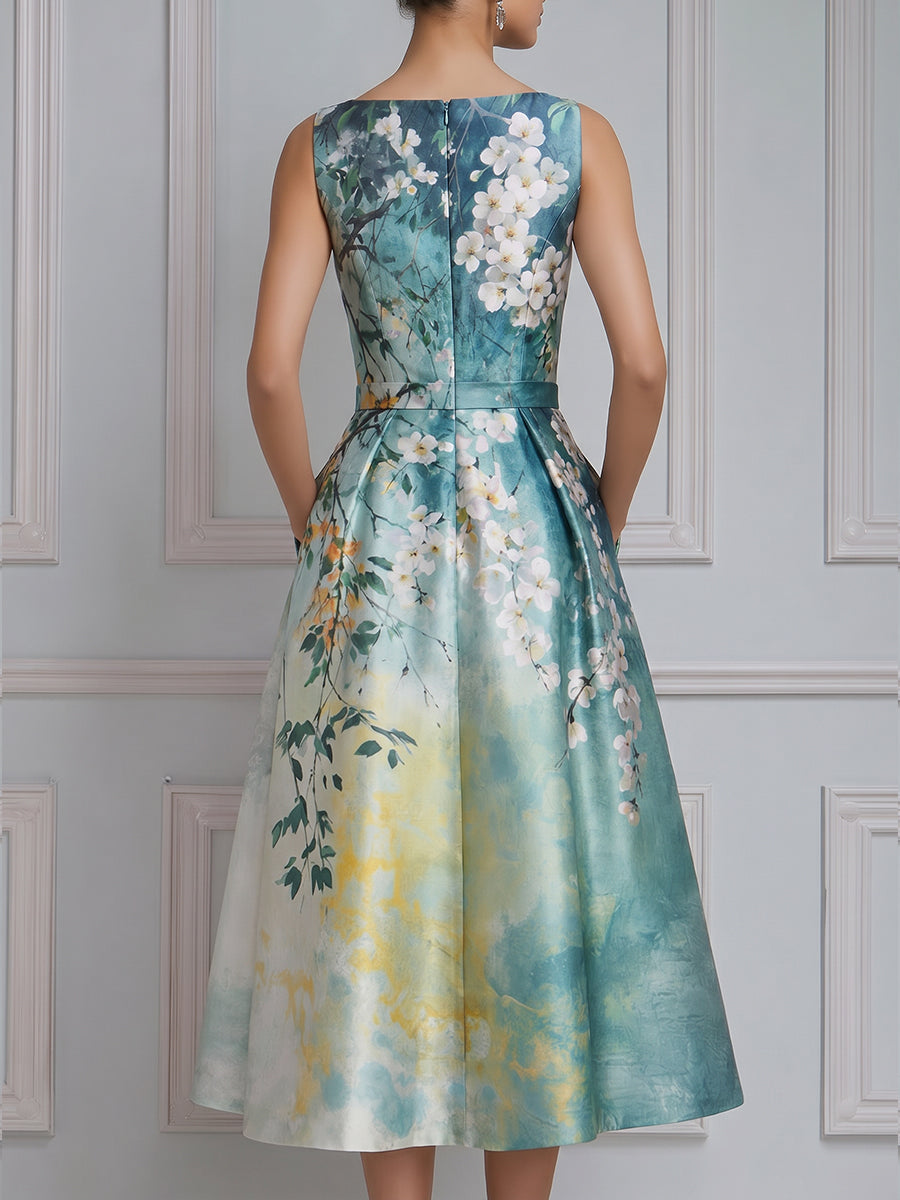 Sleeveless Floral Print Structured A-Line Midi Dress