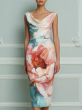 Draped Neck Floral Print Fitted Midi Dress