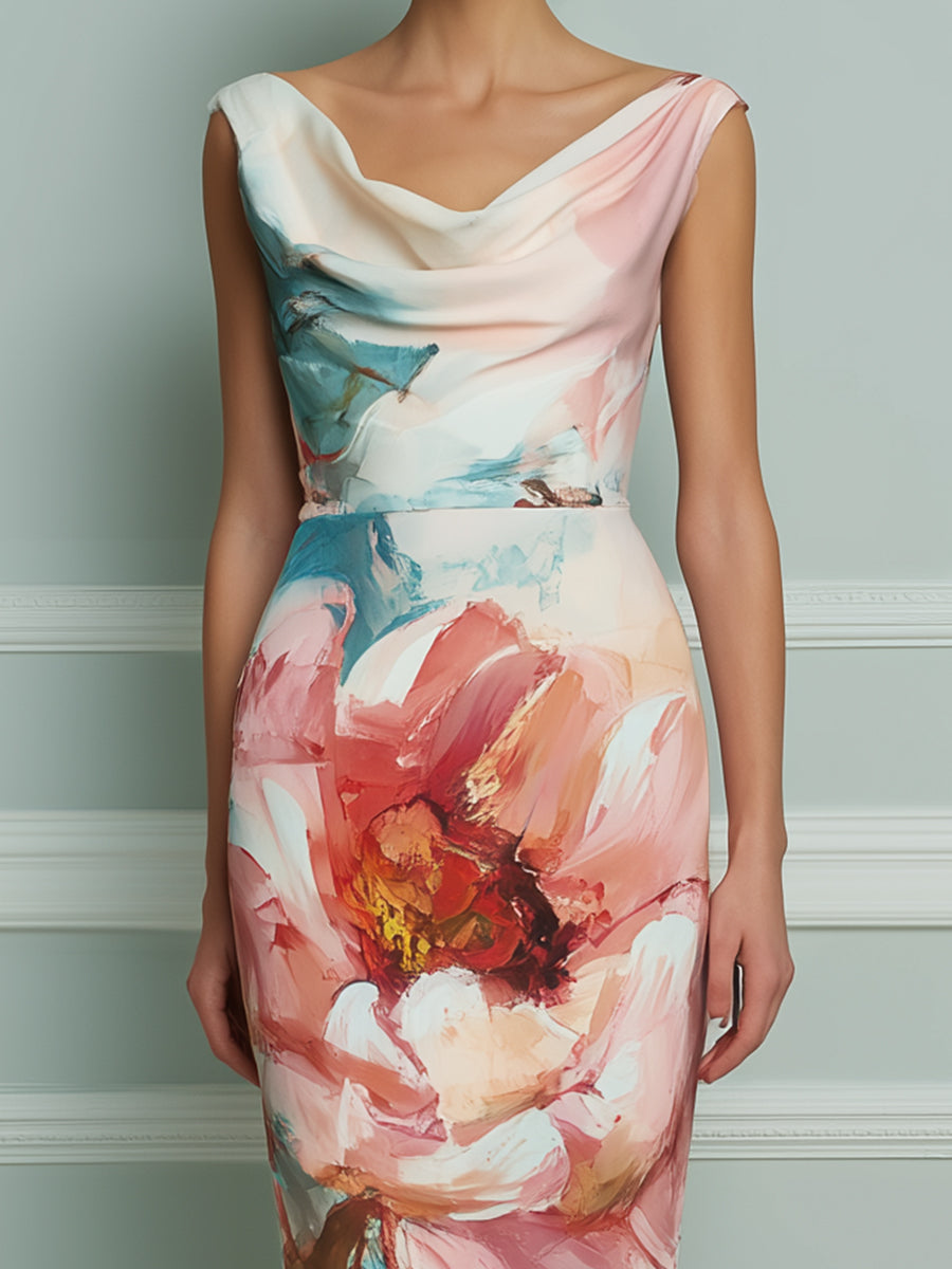 Draped Neck Floral Print Fitted Midi Dress