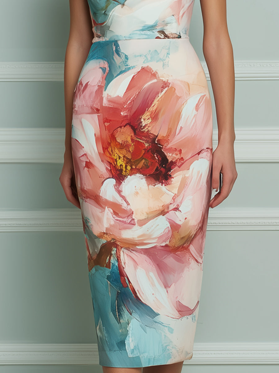 Draped Neck Floral Print Fitted Midi Dress