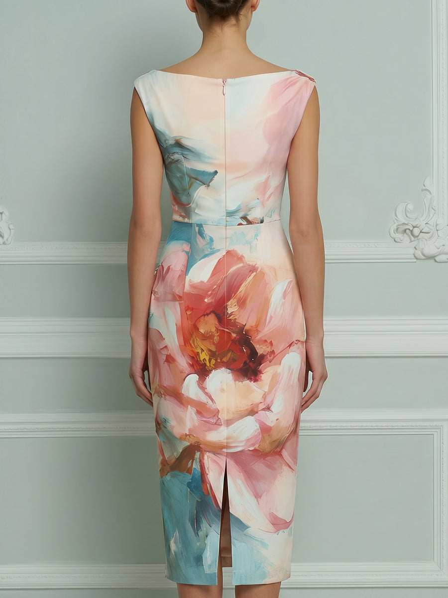 Draped Neck Floral Print Fitted Midi Dress